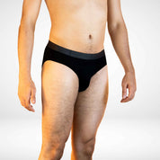 Angled view of Soft Modal Comfort Fit Men's Briefs in black, designed for breathable support and all-day comfort.