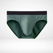 Flat lay of olive green Soft Modal Comfort Fit Men's Briefs with black waistband, ideal for breathable support.