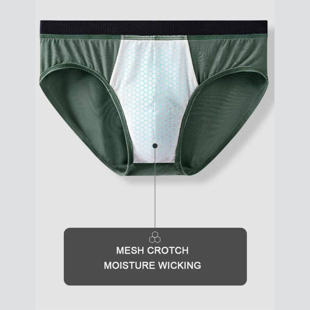 Interior view of olive green Soft Modal Comfort Fit Men's Briefs showing mesh crotch for moisture-wicking airflow.
