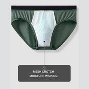 Interior view of olive green Soft Modal Comfort Fit Men's Briefs showing mesh crotch for moisture-wicking airflow.