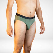 Side view of Soft Modal Comfort Fit Men's Briefs in olive green, designed for stretch and all-day freshness.