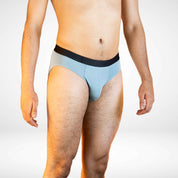Side view of Soft Modal Comfort Fit Men's Briefs in light blue, designed for breathable comfort and flexible fit.