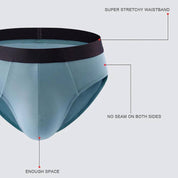 Close-up of Soft Modal Comfort Fit Men's Briefs showing stretchy waistband, seamless sides, and roomy pouch for enhanced comfort.