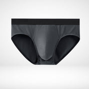 Flat lay of dark grey Soft Modal Comfort Fit Men's Briefs with black waistband, ideal for active lifestyles.