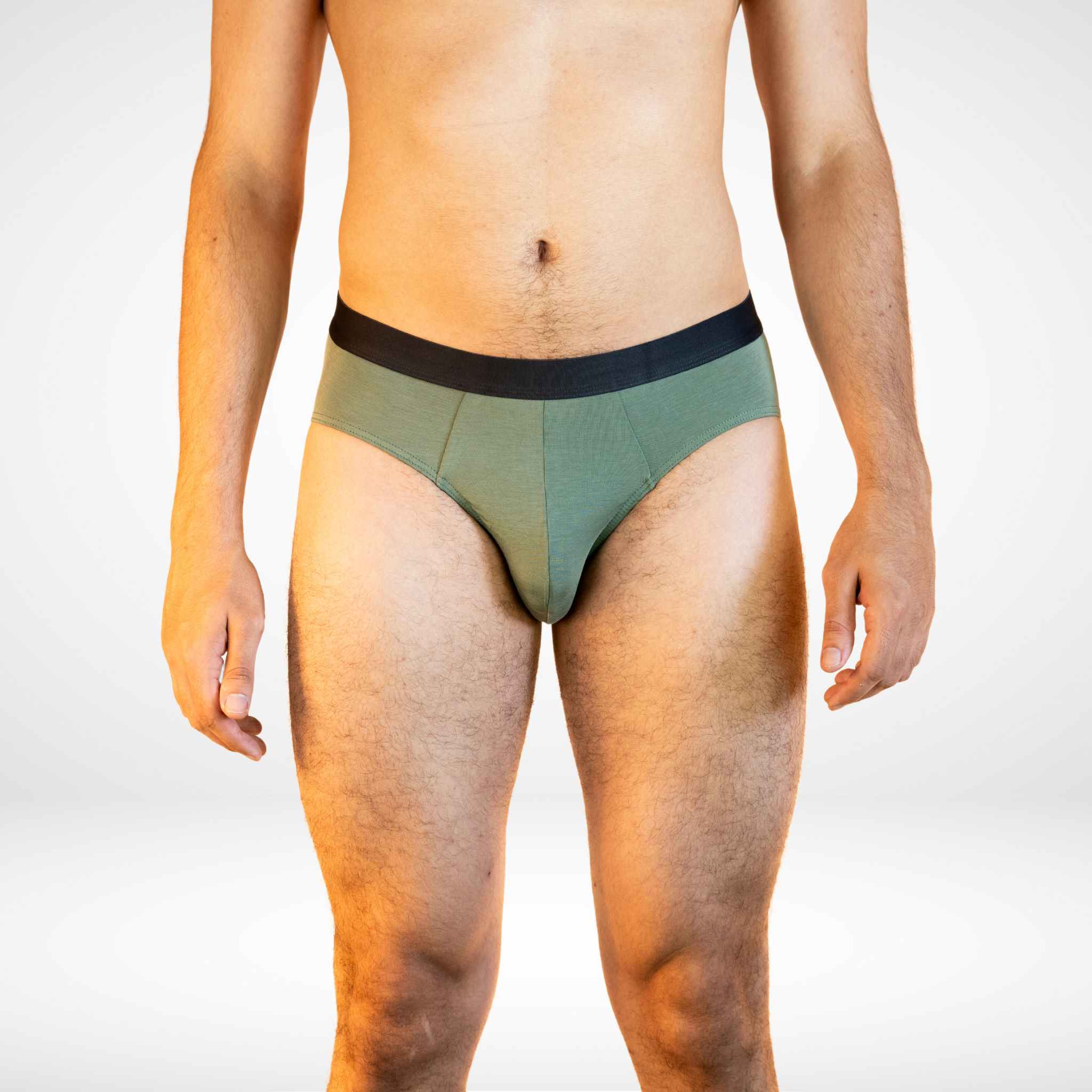 Front view of Soft Modal Comfort Fit Men's Briefs in olive green, offering moisture-wicking mesh and comfort fit.