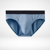Flat lay of sky blue Soft Modal Comfort Fit Men's Briefs with black waistband, perfect for breathable daily wear.