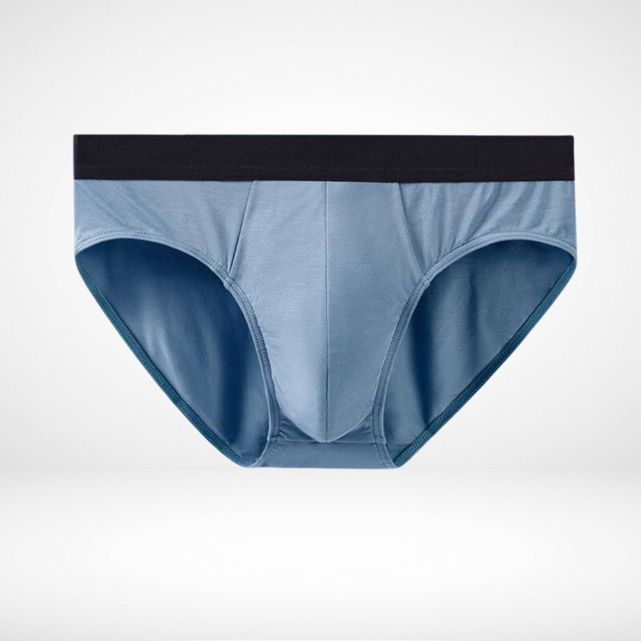 Flat lay of sky blue Soft Modal Comfort Fit Men's Briefs with black waistband, perfect for breathable daily wear.